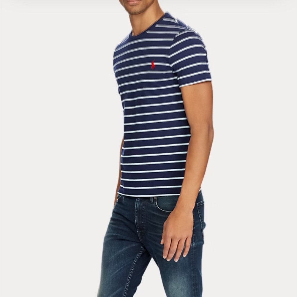 Polo Ralph Lauren “Custom Slim Fit” Newport Blue White Striped Tee Size Large
